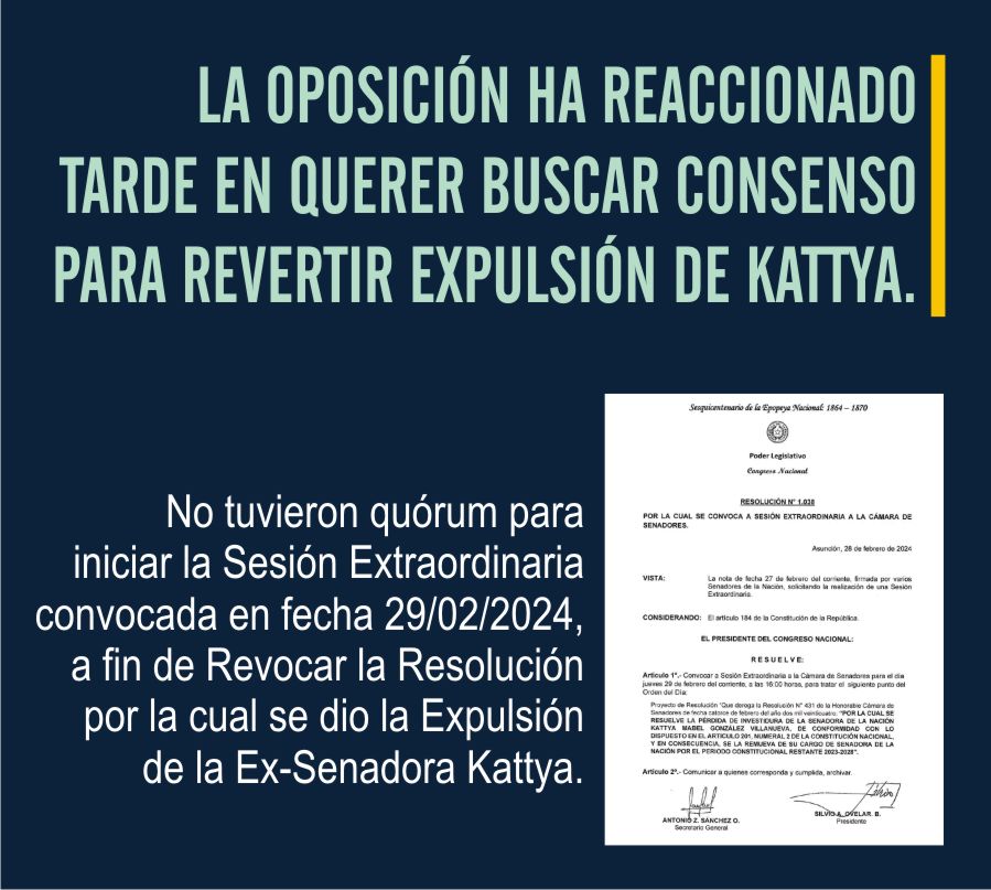 LA OPOSICIÓN HA REACCIONADO TARDE EN QUERER BUSCAR CONSENSO PARA REVERTIR EXPULSIÓN DE KATTYA.